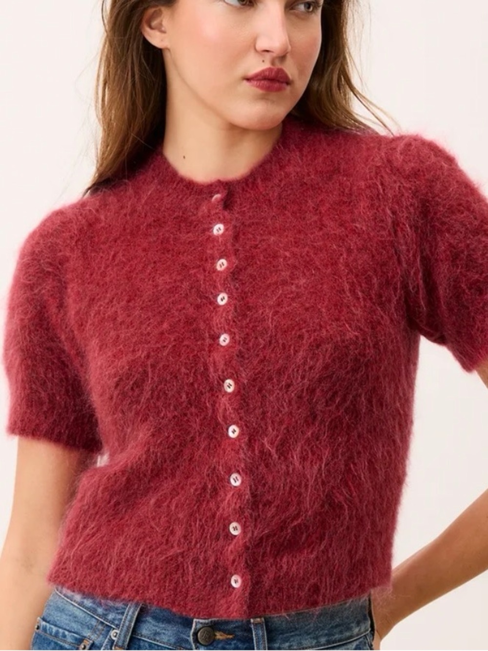 Rouje Short-Sleeve Fuzzy Cardigan in Berry Red